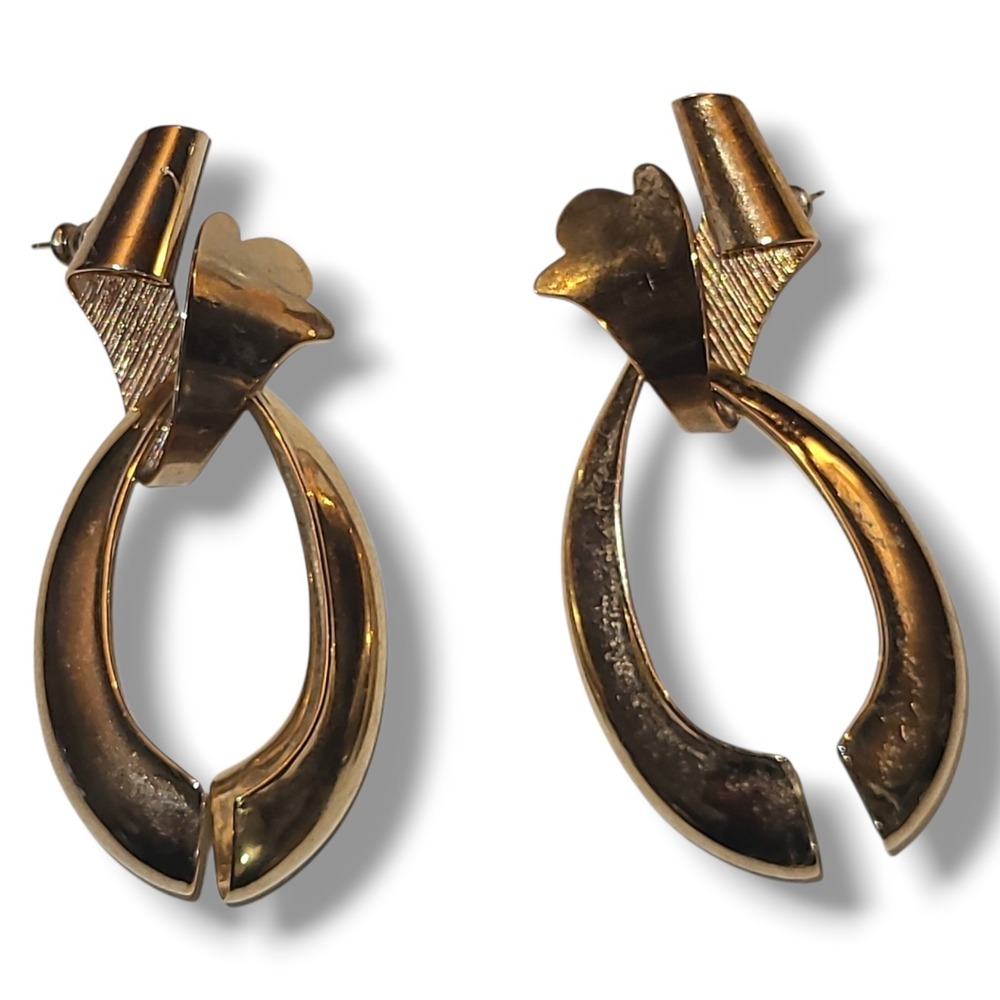 Vintage 80s Gold Tone Twist Dangle Earrings Curved Abstract‎ Statement Retro